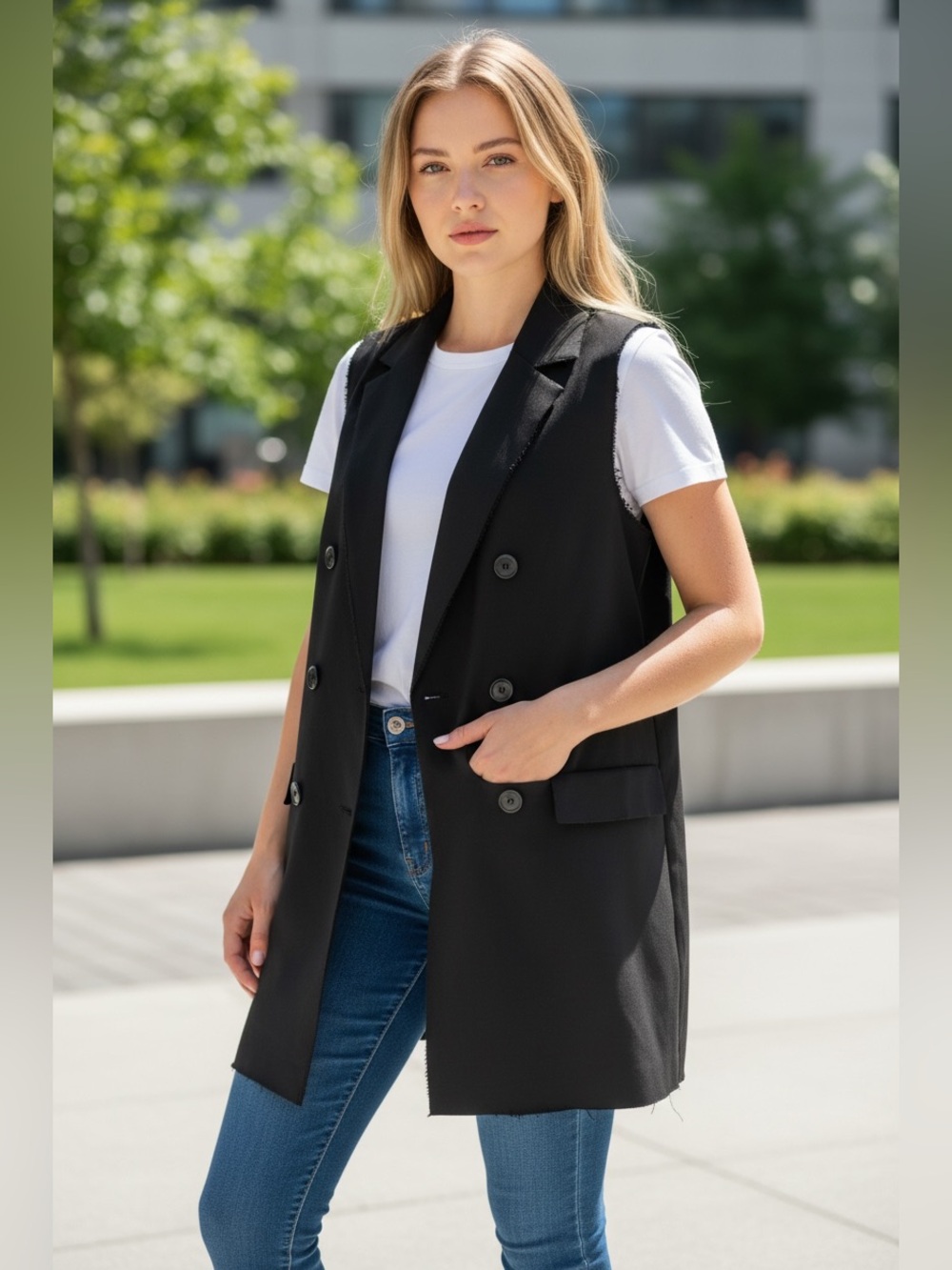 Sleeveless Crepe Blazer Jacket Vest With Raw Edges Black Sz M